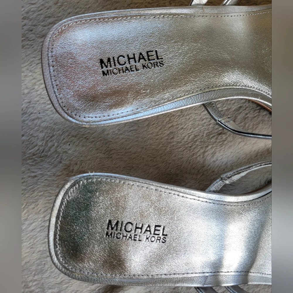 Michael Kors | BNIB Mid Letty Metallic Silver Strappy Toe Post Kitten Heels - Picture 7 of 13